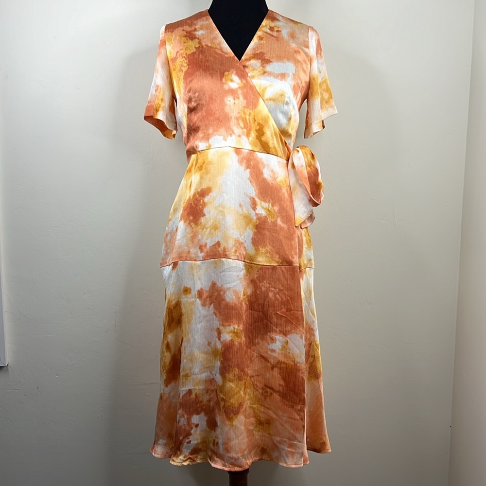 ANN TAYLOR FACTORY Orange Tie Dye Midi Faux Wrap Petite Dress 2